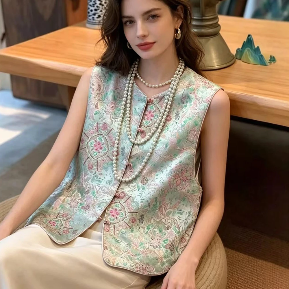 New Reversible Chinese Style Women's Vest Jacket Round Neck Buckle Brocade Satin Jacquard Ethnic Cheongsam Top Waistvest Coat