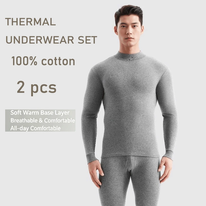 Mens Underwear 2pcs Set Cotton Mid-Collar Autumn Inner Wear Base Thin Thermal Underwear Plus Size  Knitwear Winter Lingeri Suits