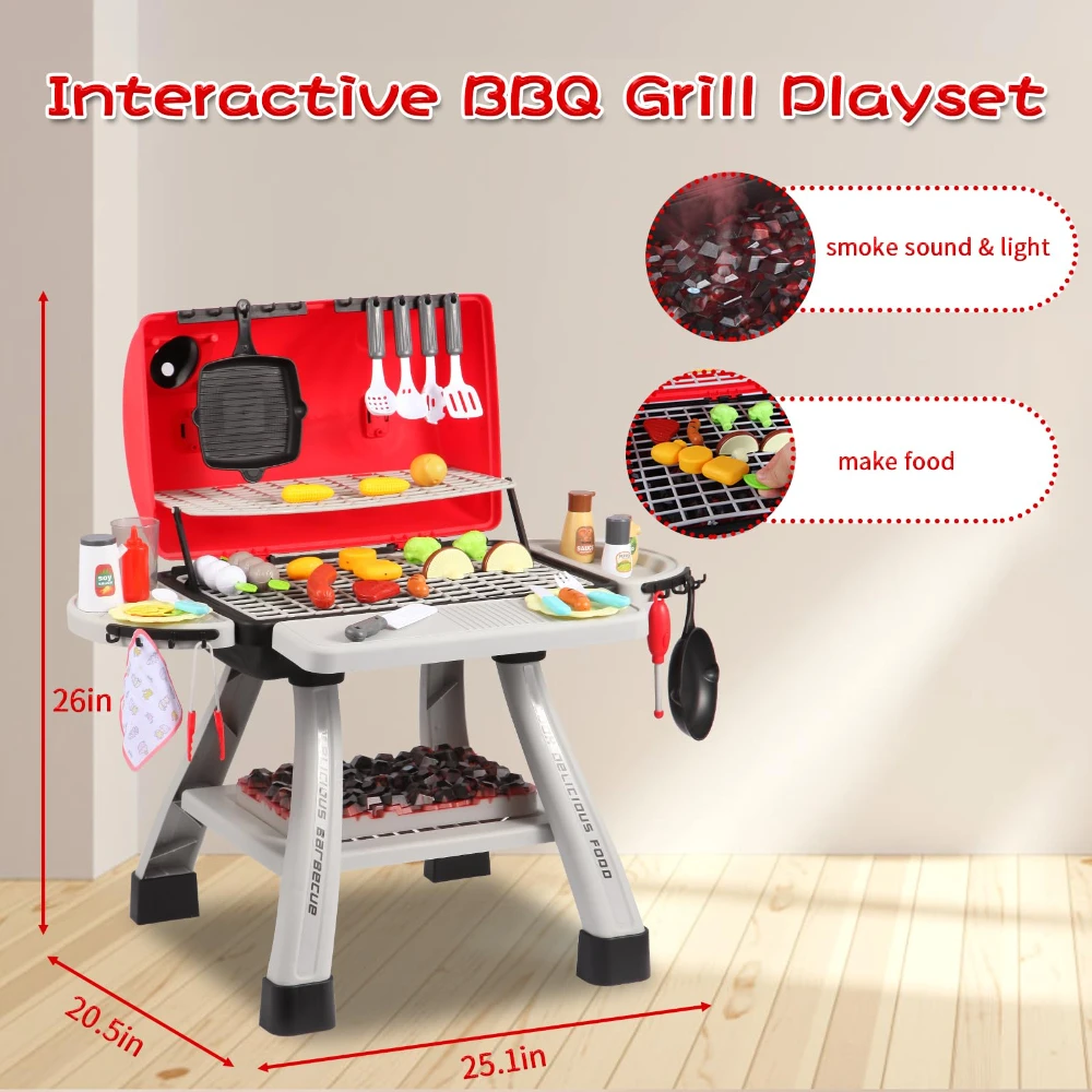 WizKidz BBQ Kitchen Play Set with Toy Food Grill Sound Light Smoke for Toddlers Ages 3-5 Outdoor Fun Educational Cooking Play