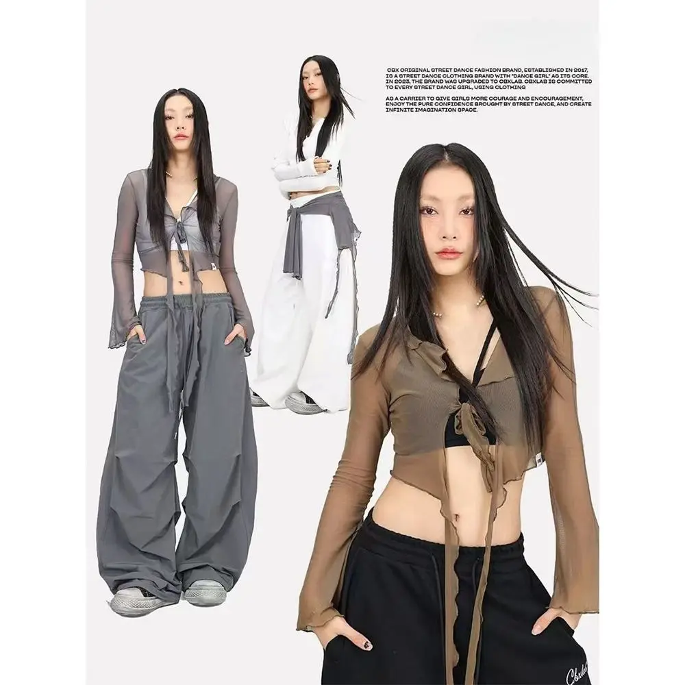 Jeans Pants Decor Irregular Jazz Dance Scarf Streetwear Harajuku Hip-hop Scarf See Through High Waist Waistband