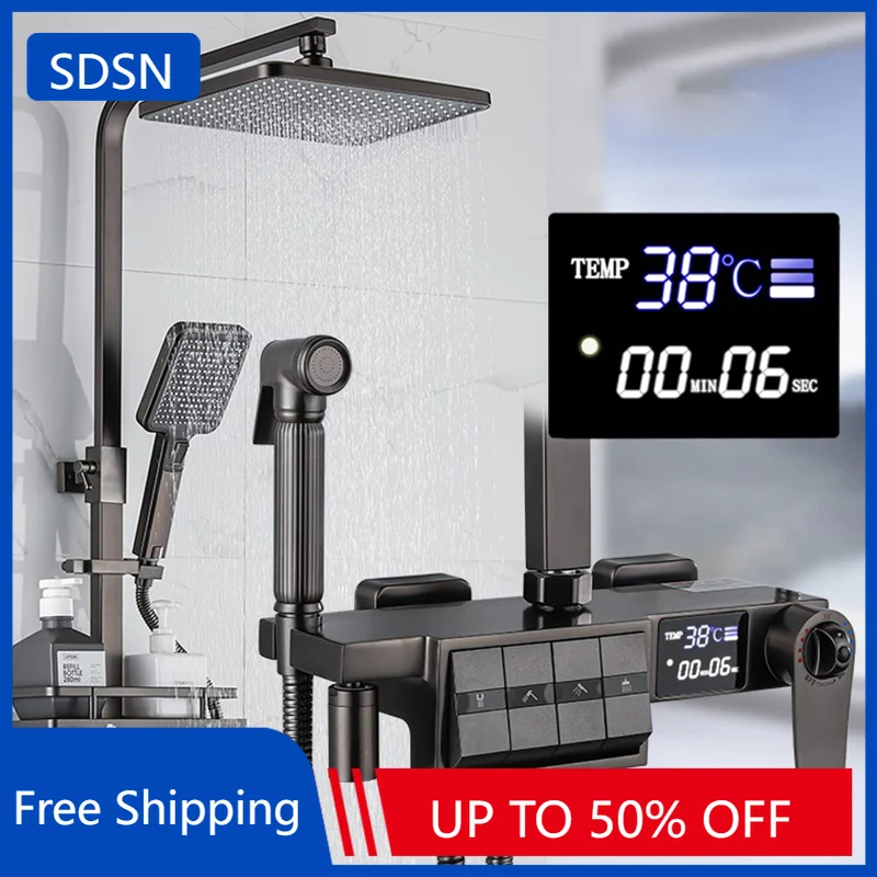 

Grey Thermostatic Piano Digital Bathroom Shower Set 12 Inch Rain Shower Head Hot Cold Digital Bathroom Shower Set Accessories