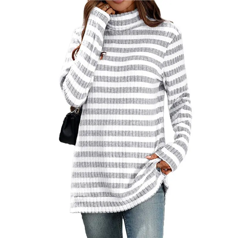 Women's Mock Neck Striped Ribbed Side Split Mid Length Long Sleeve Top Light Gray S Eco-Friendly