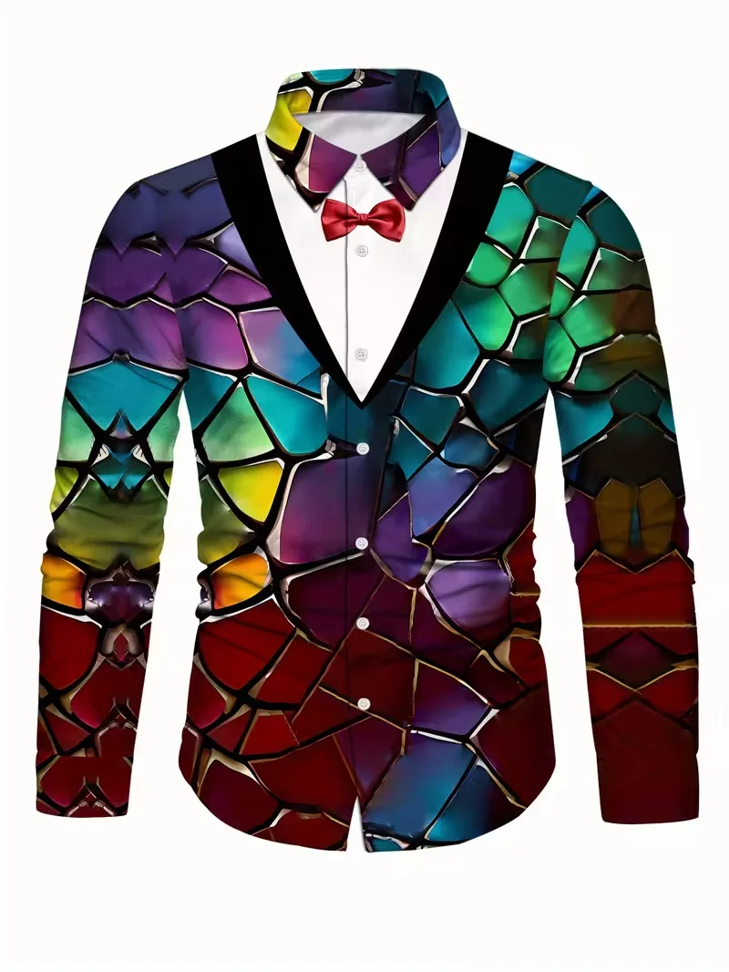 New Men's Casual Shirt  3D Leaf Printed Long Sleeve Button Collar Shirt  Men's Fashion Vacation Shirt Top