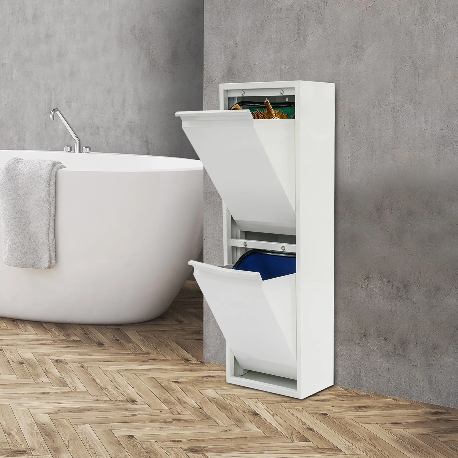 

56.8L/15 Gallons Tilt Out Trash Bin Cabinet Organizer Waste Recycling Cabinet with 2 Buckets