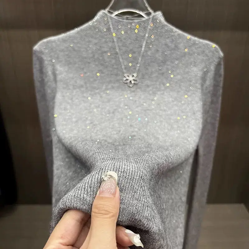 

Slimming Knitted Sweater Women Hot Drill Soft Skin-friendly Warm Tops Half-high Collar Ribbed Long Sleeve Base Knitted Sweater