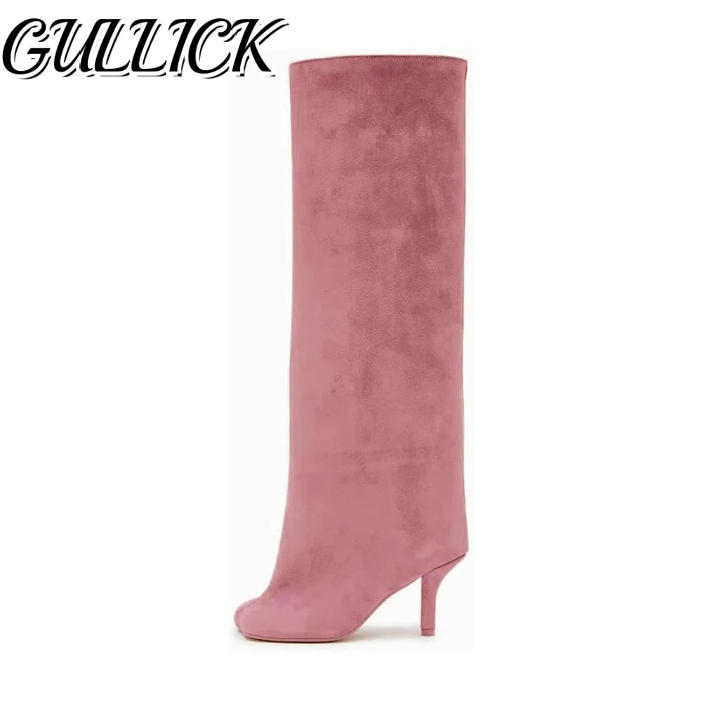 Sepatu Bot Tinggi Setengah Lutut Bahan Suede Solid Warna Raspberry Pink Hak Kitten Model Slip On Botas Wanita Desainer Sepatu Panjang Model Slip On Ukuran Besar
