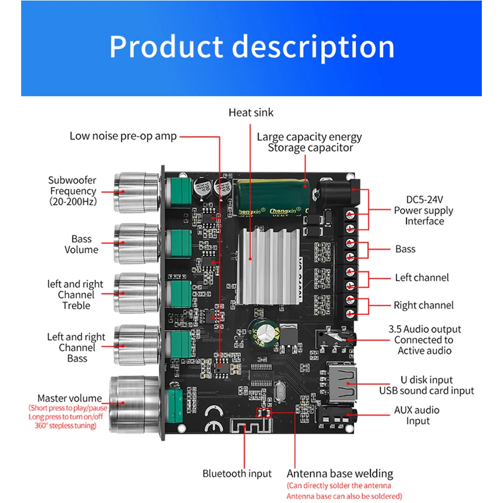 YS-S100L Bluetooth 5.0 2.1 Channel Power Audio Stereo Subwoofer Amplifier Board 50WX2+100W TREBLE Bass note tuning AMP S100H