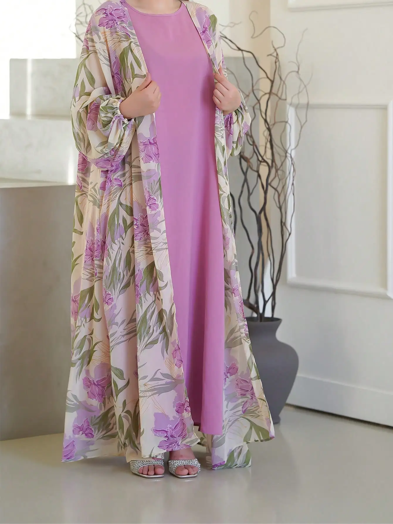 Floral Print Lantern Sleeve Cardigan & Solid Round Neck Dress Set