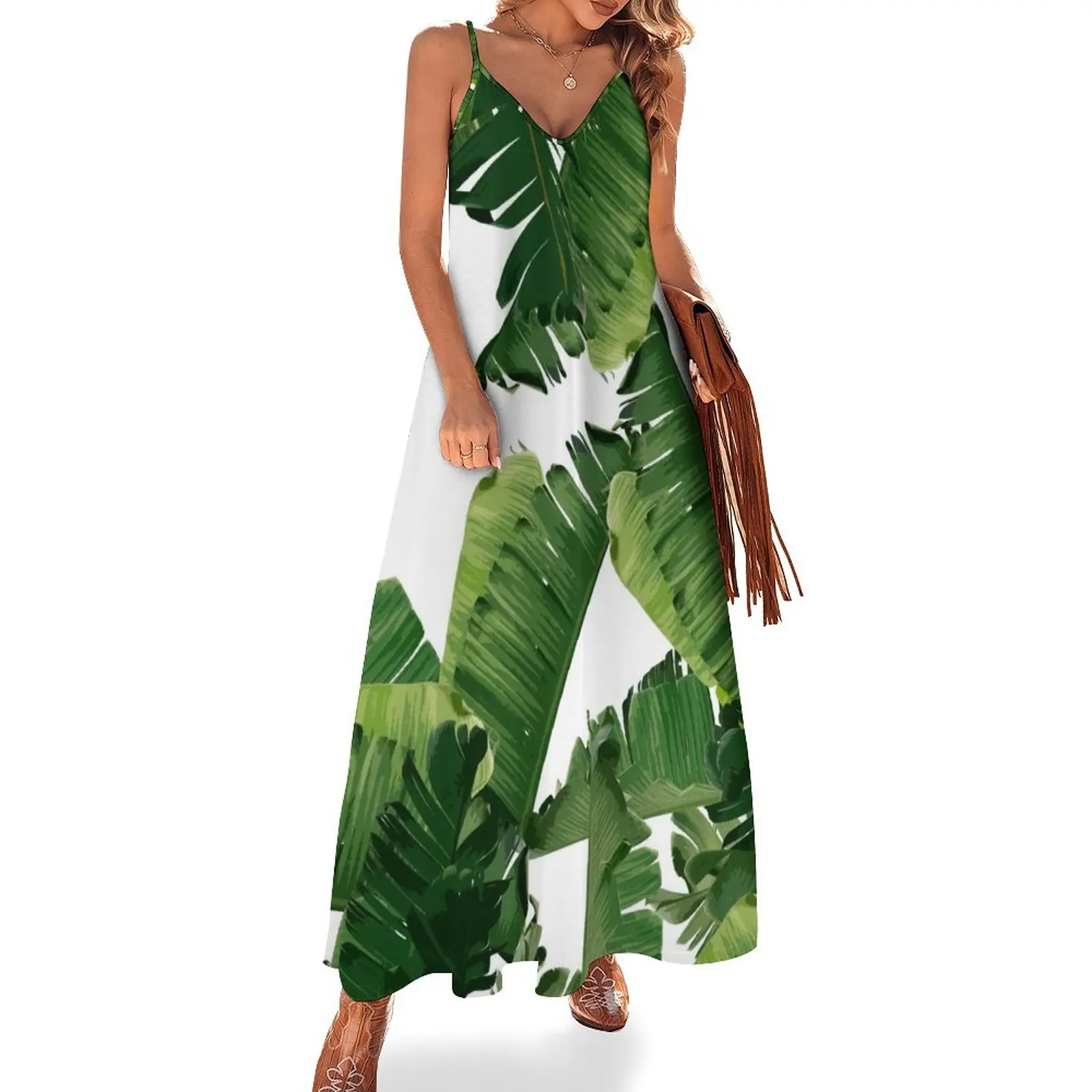 Banana Leaves Green Sleeveless Dress Clothing dress women elegant luxury evening dresses ladies Women's clothing