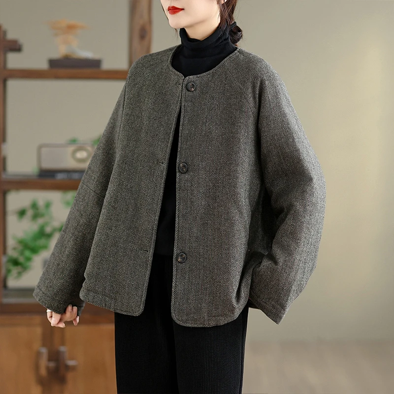 ريترو جولة Ne ort القطن Jaet المرأة فضفاضة عارضة Sle الشتاء Faion لون نقي أعلى البوليستر الصوف مزيج النسيج #1