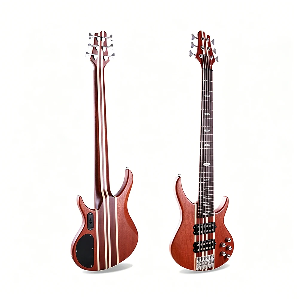 SurpassMusic Wholesale 6 String Neck-through Electric Bass, 24-Fret Solid Sapele Wood Electric Bass With Active Pickups