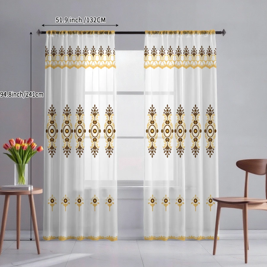 2PCS Digital Print Sheer Curtain, Golden Brown Boho Totem, Boho Chic Window Curtains for Living Room Bedroom Home Decor
