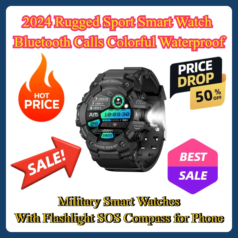 

Military Smart Watches with Flashlight SOS Compass for Phone 2024 Rugged Sport Smart Watch Bluetooth Calls Colorful Waterproof