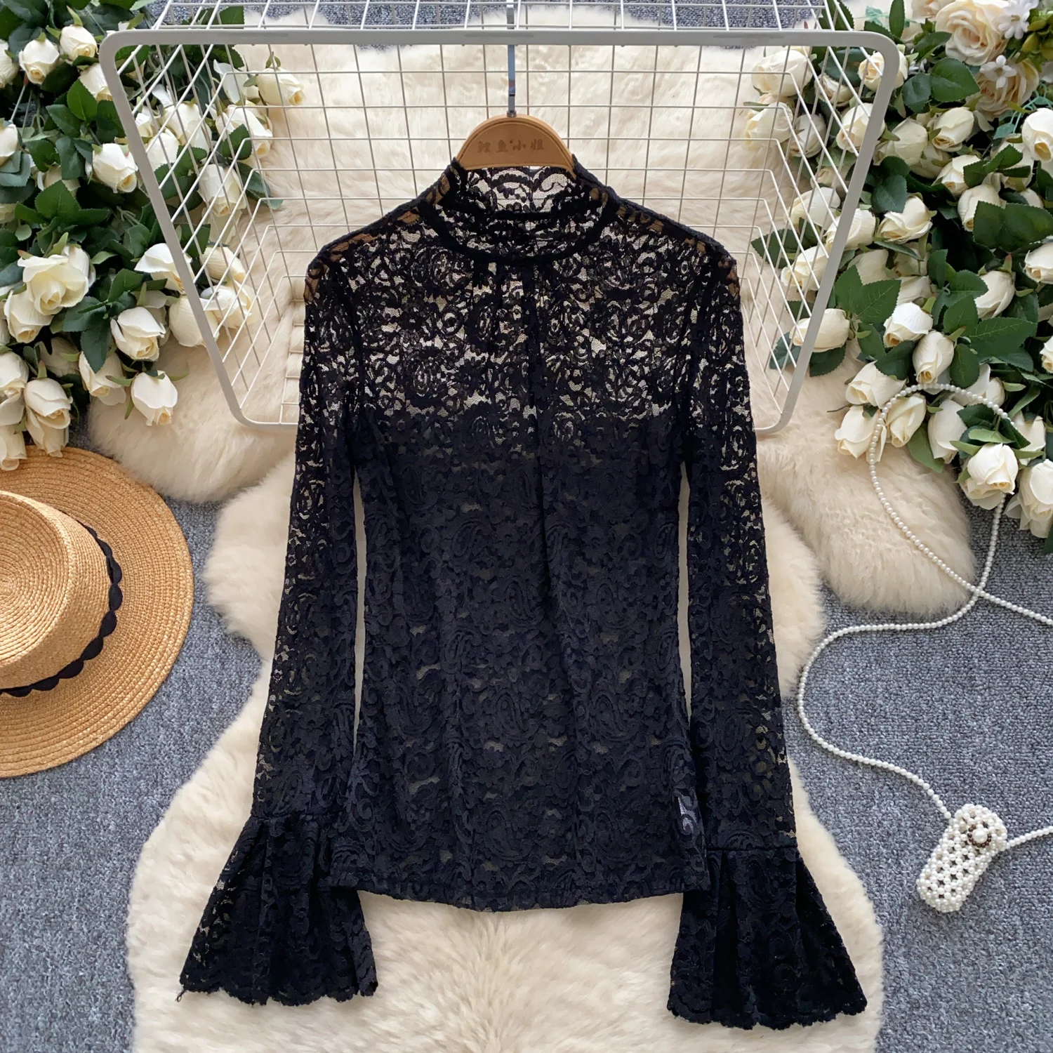 Vintage Blouse Hook flower hollow Turtleneck long sleeve Slim Elegant Fashion Sexy  Women Shirt  women clothing