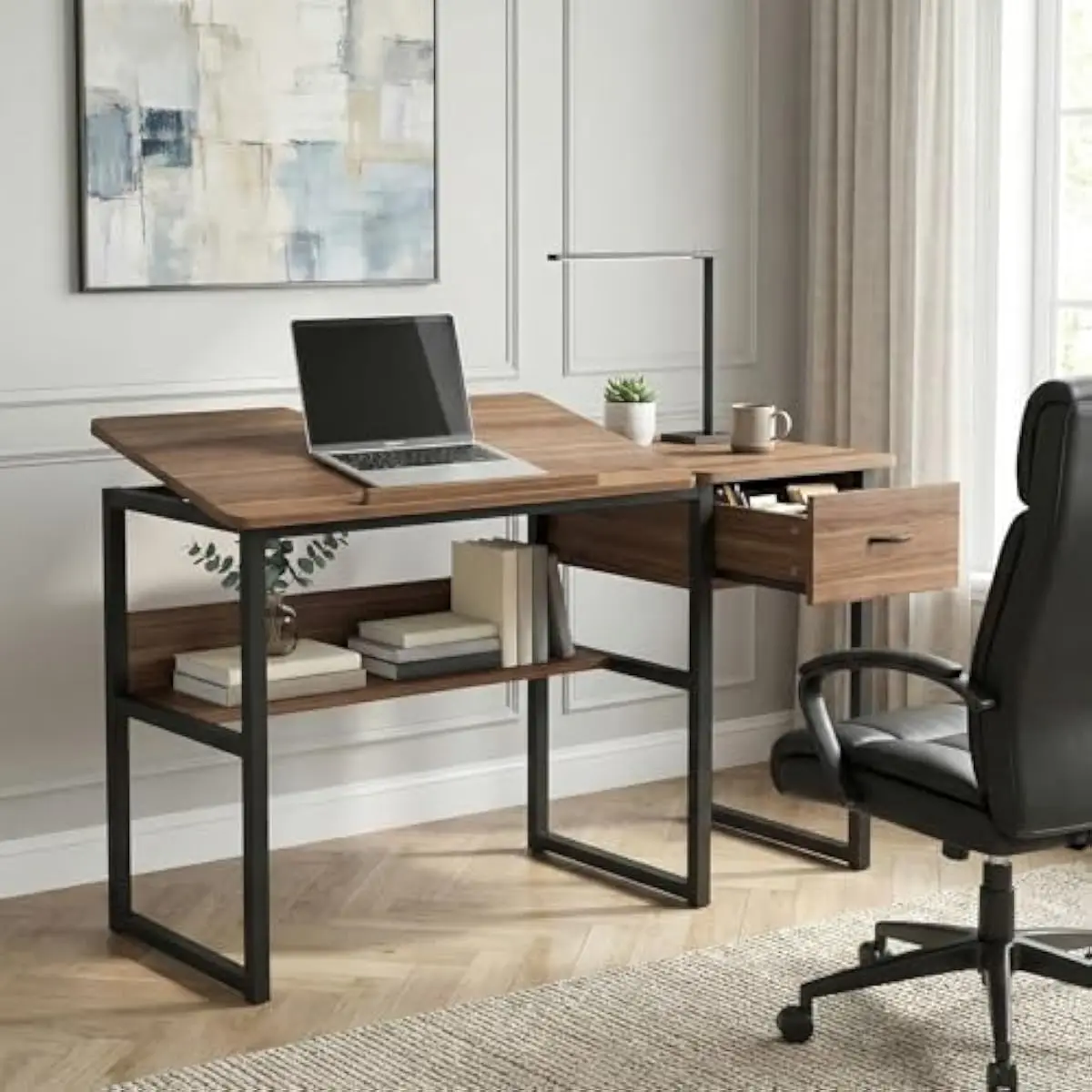 47.2 Inch Rectangular Executive Desk with Adjustable Drafting Surface 0-80 Degrees Modern Lacquered Engineered Wood Workstation