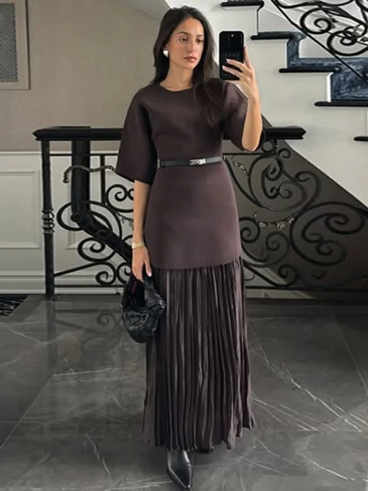 

Elegant Knit Spliced Long Dress Women Fashion O-neck Half Sleeve Pleated Party Dresses 2025 Spring Summer Lady Commute Robes