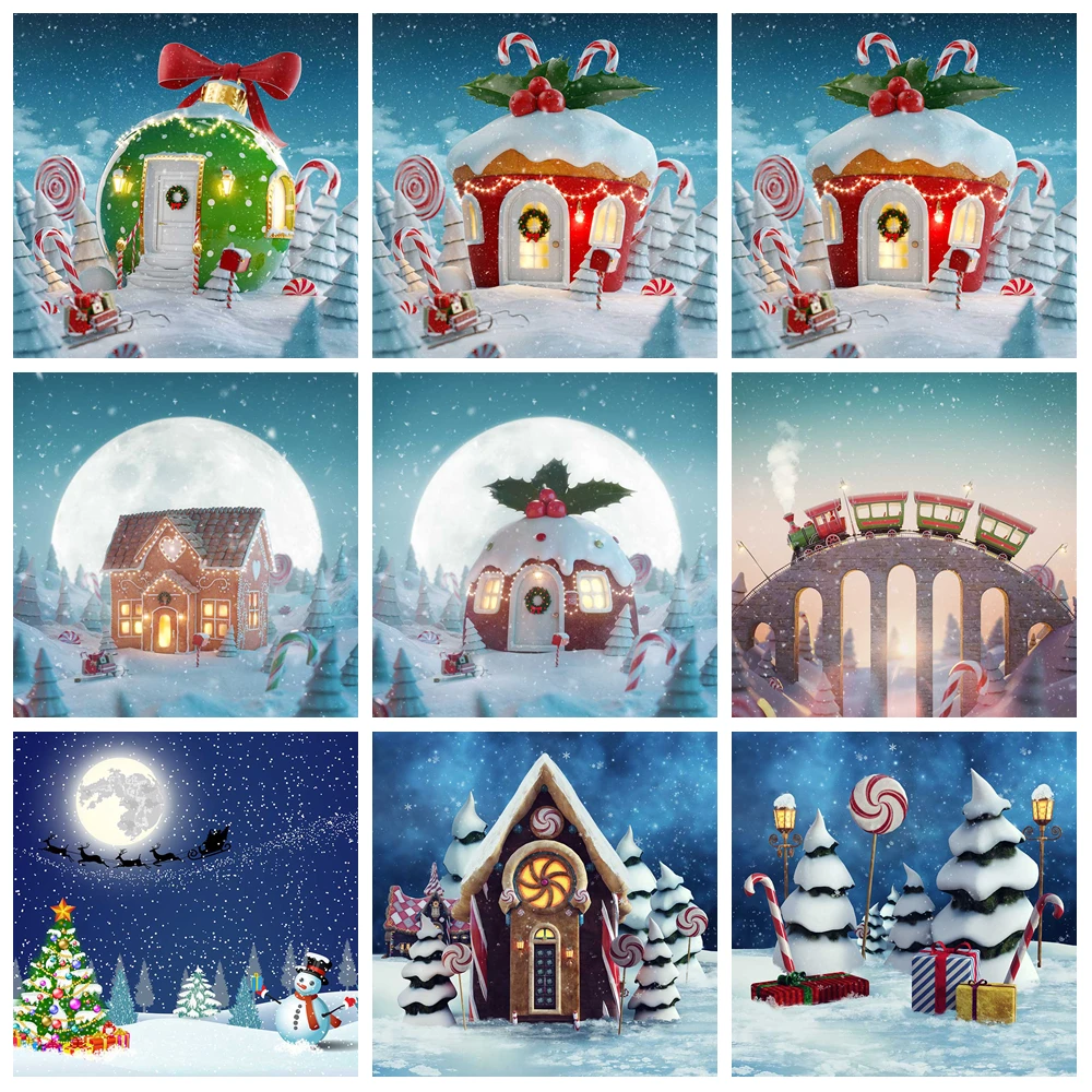 

MOON.QG Winter Christmas Backgrounds For Photographs Photography Accessories White Town Snowman Candle House Backdrop Photobooth