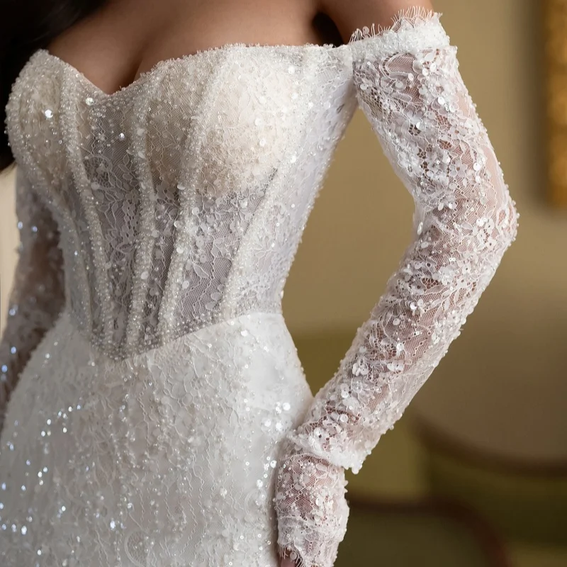 Beadwork White Appliques Wedding Dresses Pearl Decal puff skirt long tail Mermaid Skirt Made wedding dress Bridal Gown