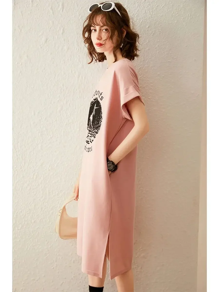 Louis Yao Vrouwen T-Shirt Jurk 2024 Zomer Nieuwe Retro Print Losse Pasvorm Rechte Ronde Hals Korte Mouw Casual Vent Jurk Voor Dames