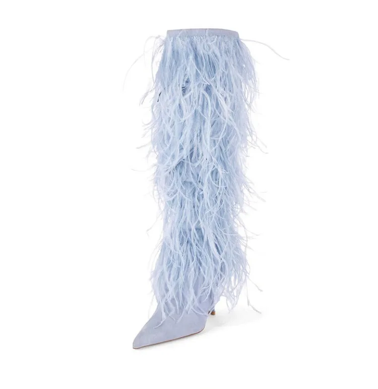 Show Feather Boots Sexy Ostrich Hair High Heel Pointed European and American Large Size 34-45 Shoes Womens Boots Knee High Boots