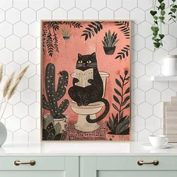 Funny Black Cat On The Toilet Reading Poster Animal Bath Prints Canvas Painting Wall Art Pictures for Toilet WC Bathroom Decor