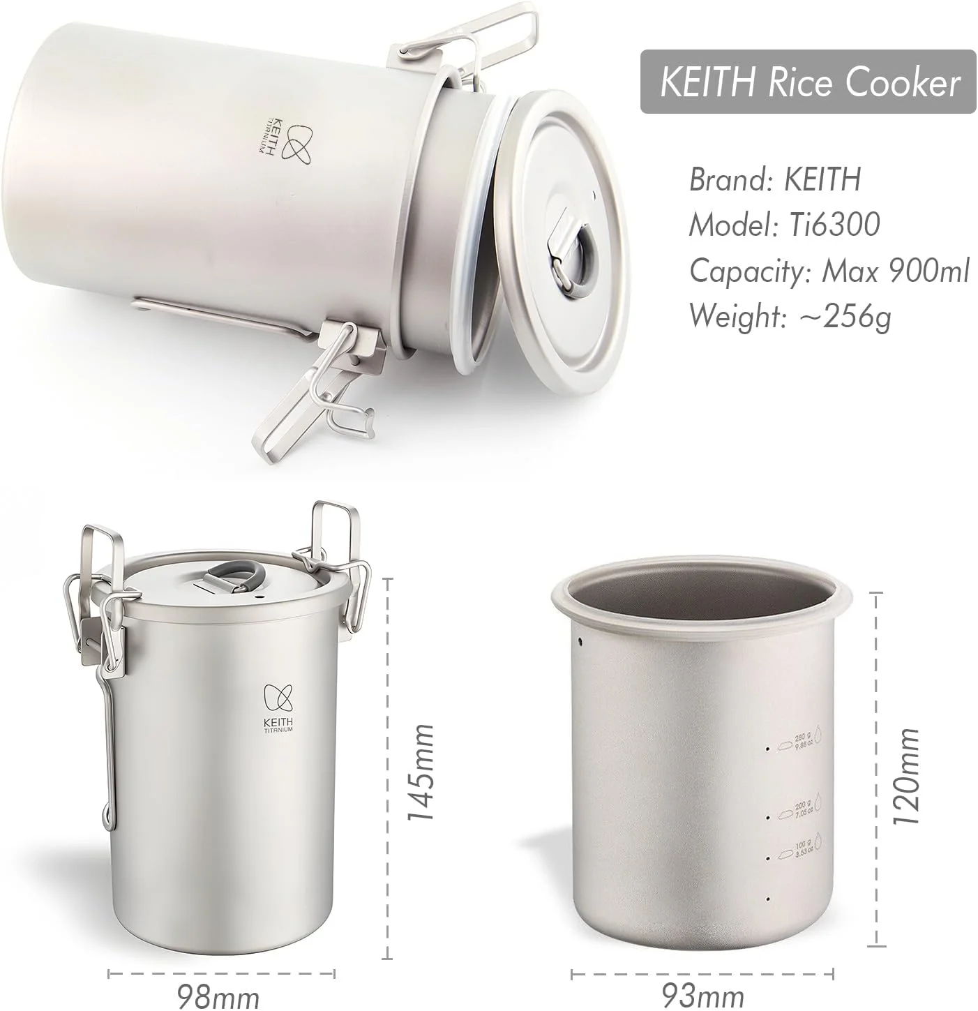 KEITH Pure Titanium Rice Cooker, 900ml Ultralight Portable Cooking Pot, Multi-functional Outdoor Camping Rice Pot for Hiking - view 6