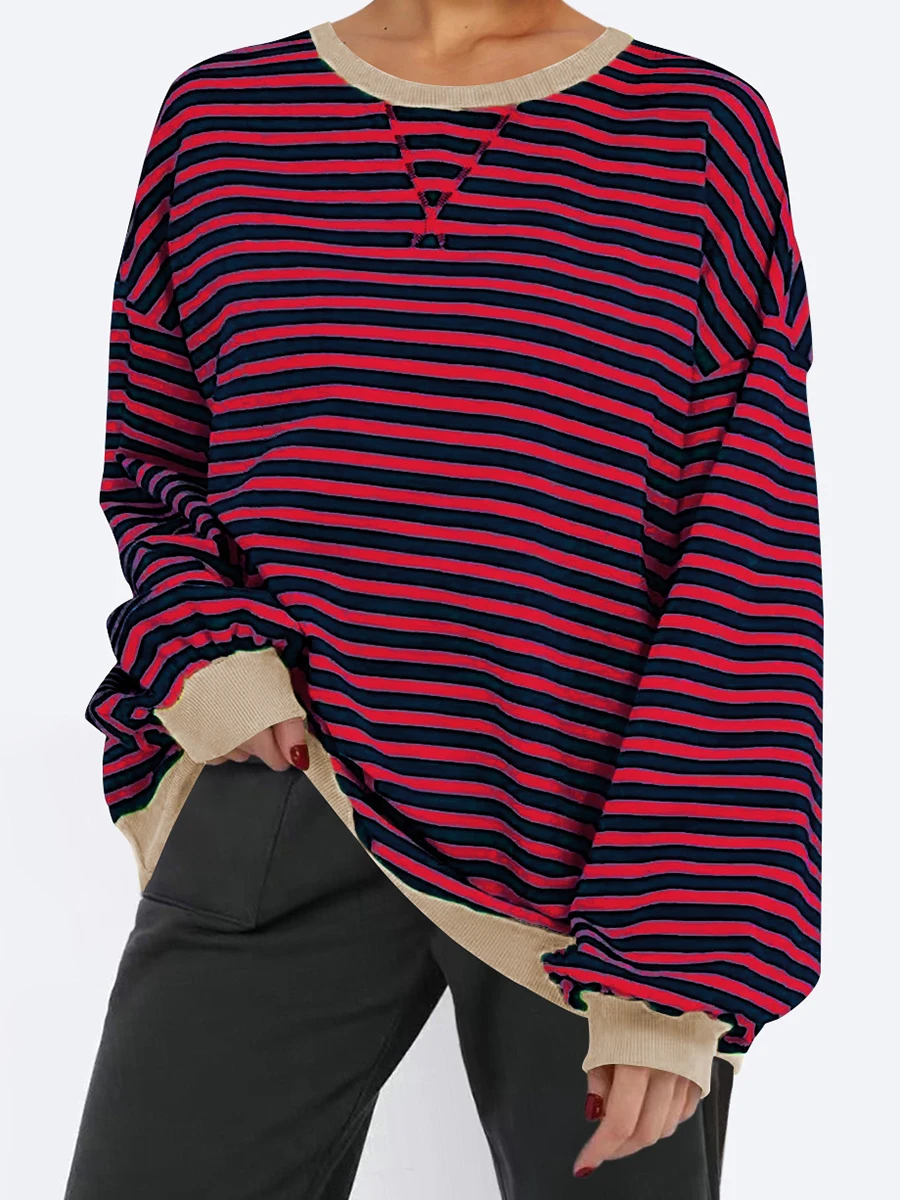 Striped Contrast Sweatshirts For Women Round Neck Lantern Sleeve Loose Pullover Tops Autumn Vintage Casual Fashion Sweatshirt