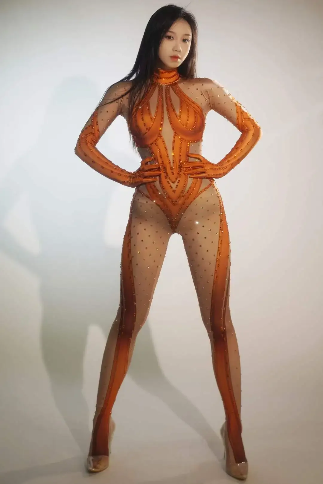 Women Pole Dance Nightclub Stage Wear Performance Rave Festival Drag Queen Romper Stunning Silver Orange Rhinestone Jumpsuits