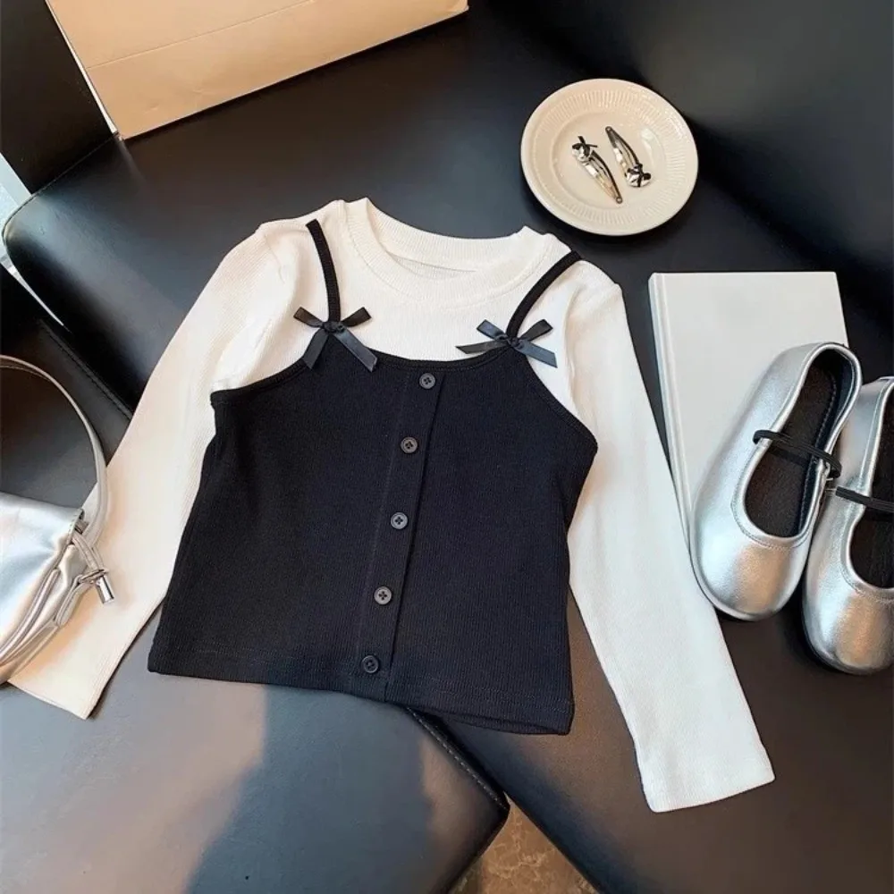 Cute Korean Style False Two-piece Top Bow Elegant Long Sleeve T-shirt Princess Base Shirt Girls Wear