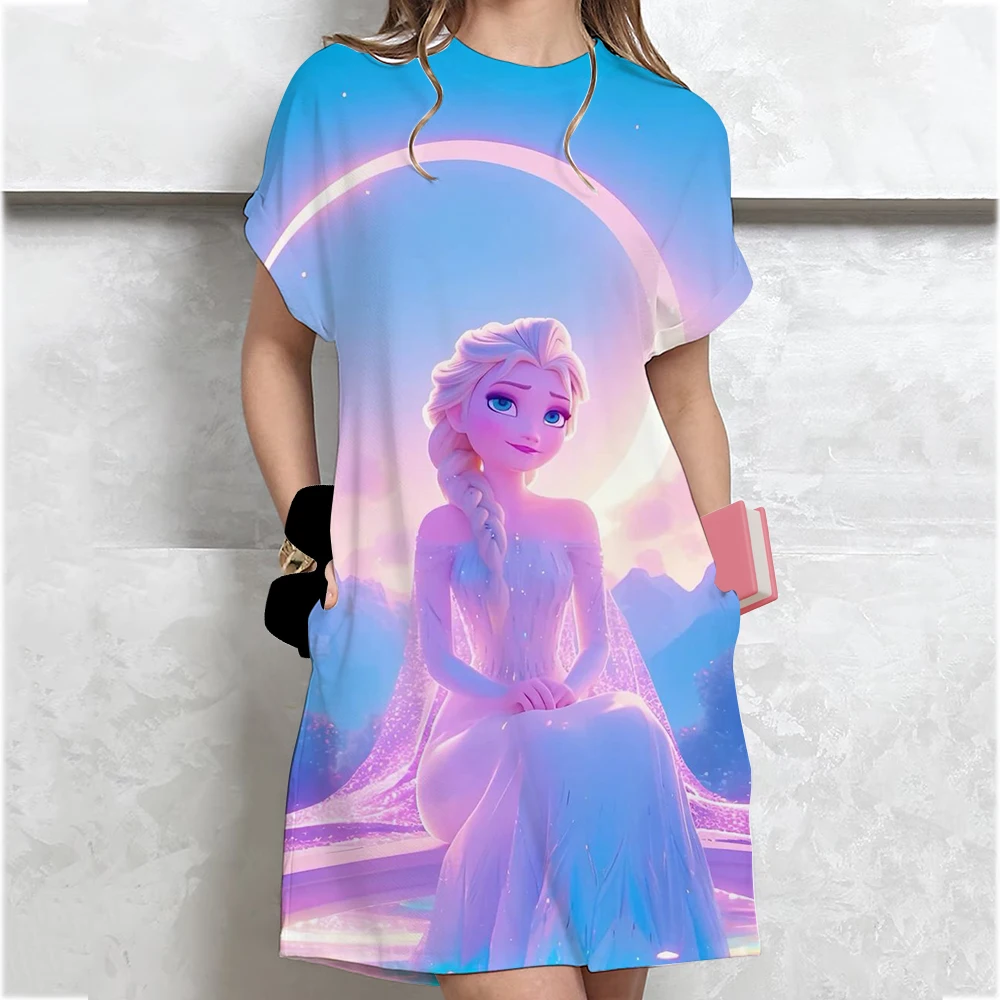 2025 Disney Princess Women's T-shirt Dress Loose Casual Printed O-neck Women's Short sleeved Hoodie Women's Clothing