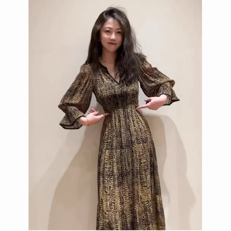 

2024 autumn women's V-neck dress long sleeve waist slim fit evening birthday party elegant maxi dress