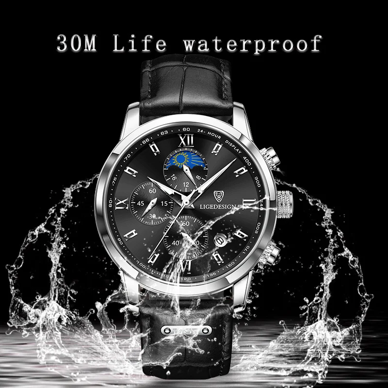 LIGE Luxury Man Watch Business Leather Men Quartz Watches Waterproof  Luminous Men\'s Wristwatch Auto Date Chronograph Male Clock