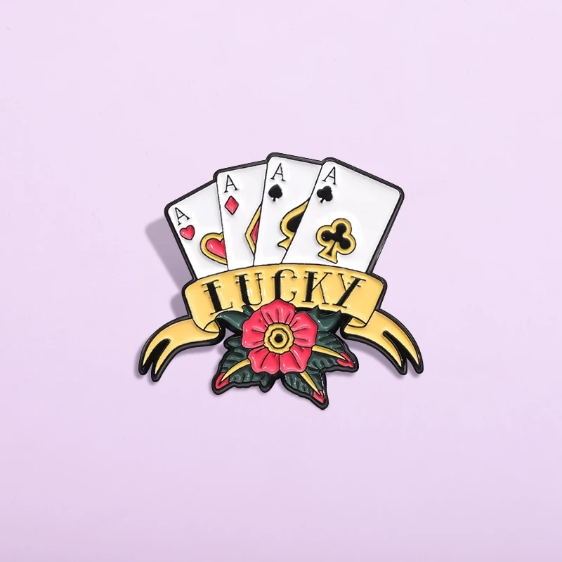 Glück Poker Blume Emaille Pins Cartoon lustige kreative Broschen Metall dekorative Revers Abzeichen Kleidung Kragen Rucksack Schmuck Geschenk