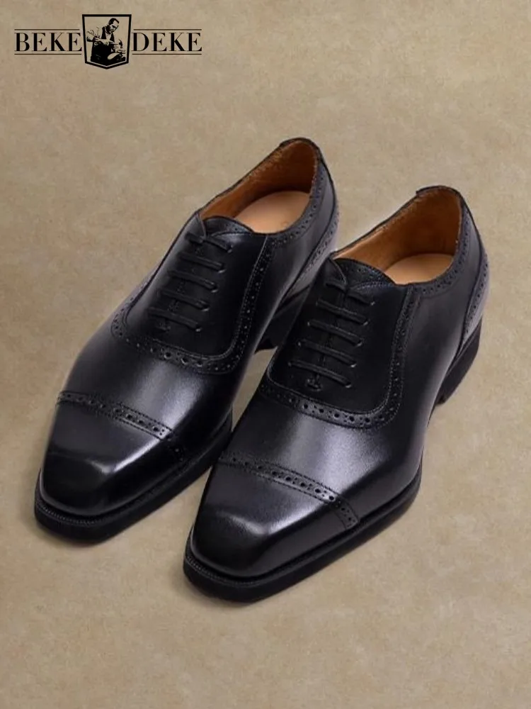Retro Cowhide Hard Wearing Platform Cross Tied Footwear Versatile Solid Color Genuine Leather Square Toe Mens Dress Shoes