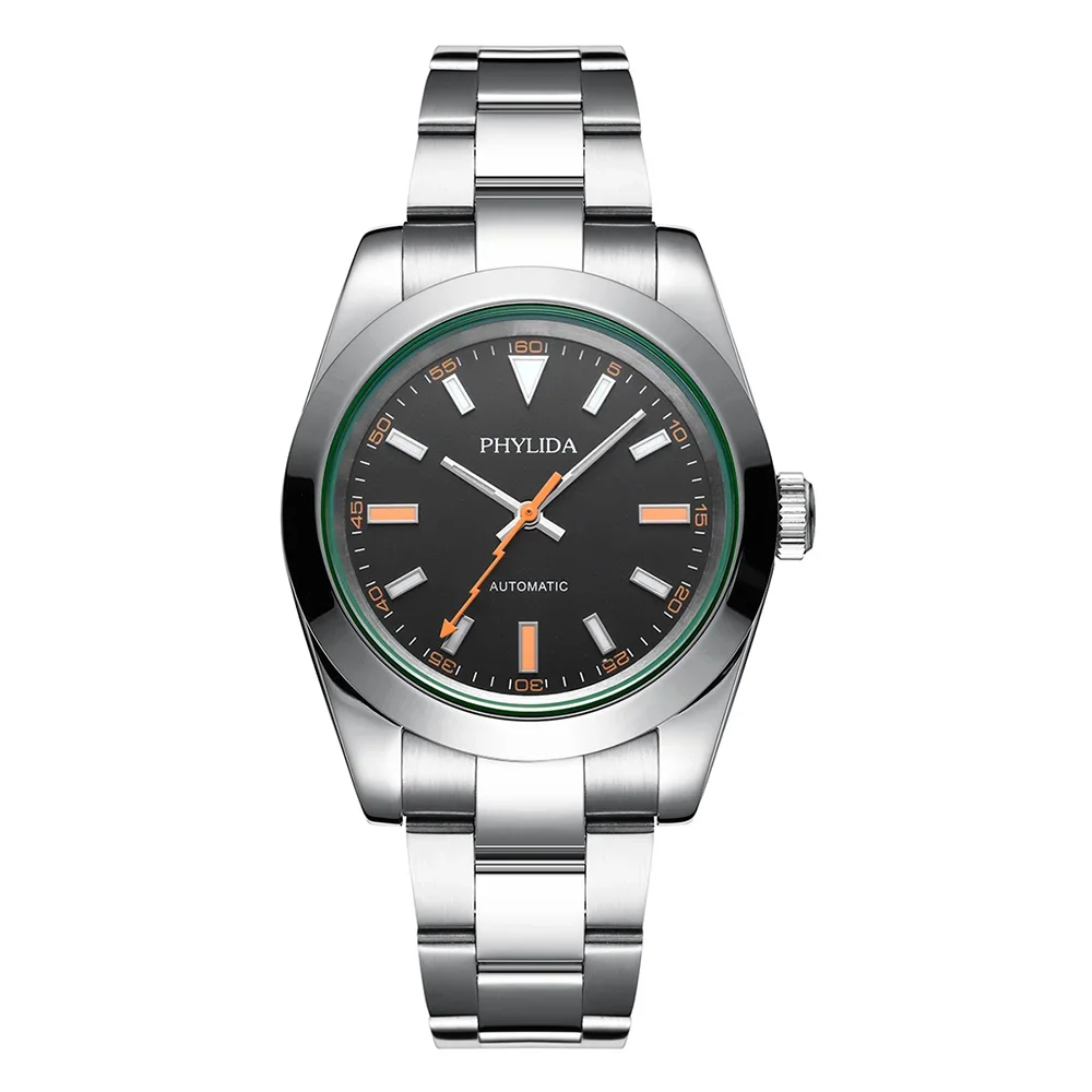 PHYLIDA 39 mm Reloj mecánico automático de lujo para todos los días Esfera negra Manecillas naranjas Clásico 10Bar 100M WR