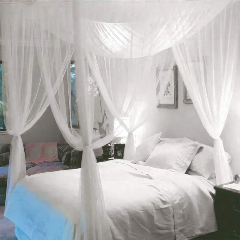 Quadrangle Encrypted Mosquito Net with 4 Openings Four-corner Support Design Breathable Bed Curtain for Family Bedroom Rest