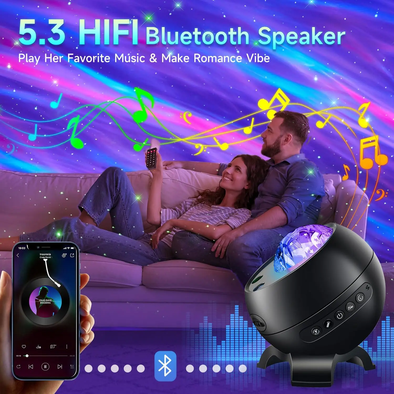Projetor Galaxy Light com mais de 300 modos, 5 filmes, ruído branco e Bluetooth para decoração de quarto