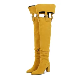 Sexy Belt Buckle Suede Over The Knee Boots For Women Winter Thick Heel Leg Boots Men's Party Shoes