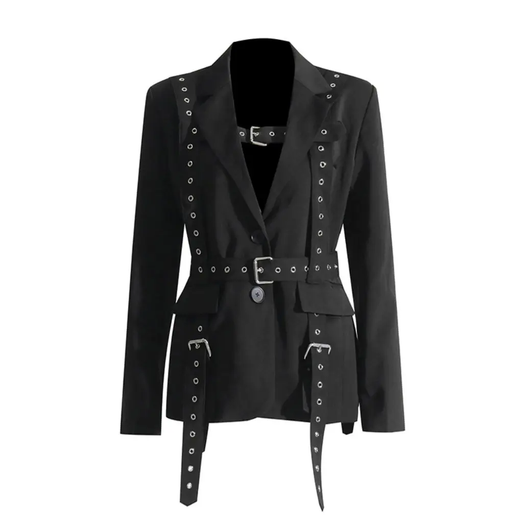 

Women's Elegant Slimming Suit Jacket Fashion Personalized Design Stitching Lace-Up Waist Solid Color Top