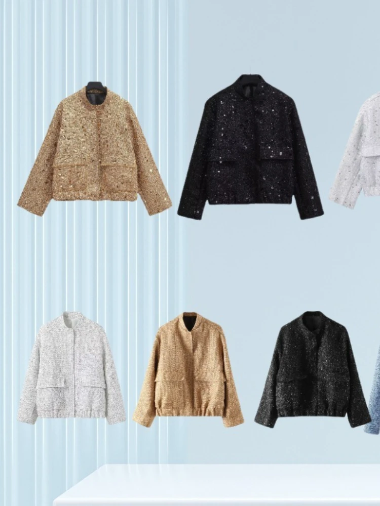 

2025 European and American Women's Street Fashion Personalized Bead Decoration Jacket Pocket Coat