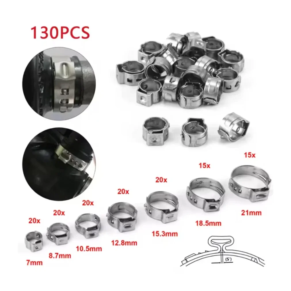130PCs Stainless Steel Ear Stepless Clamp Worm Drive Fuel Water Hose Pipe Clamps Clips 1PC Hose Clip Clamp Pliers