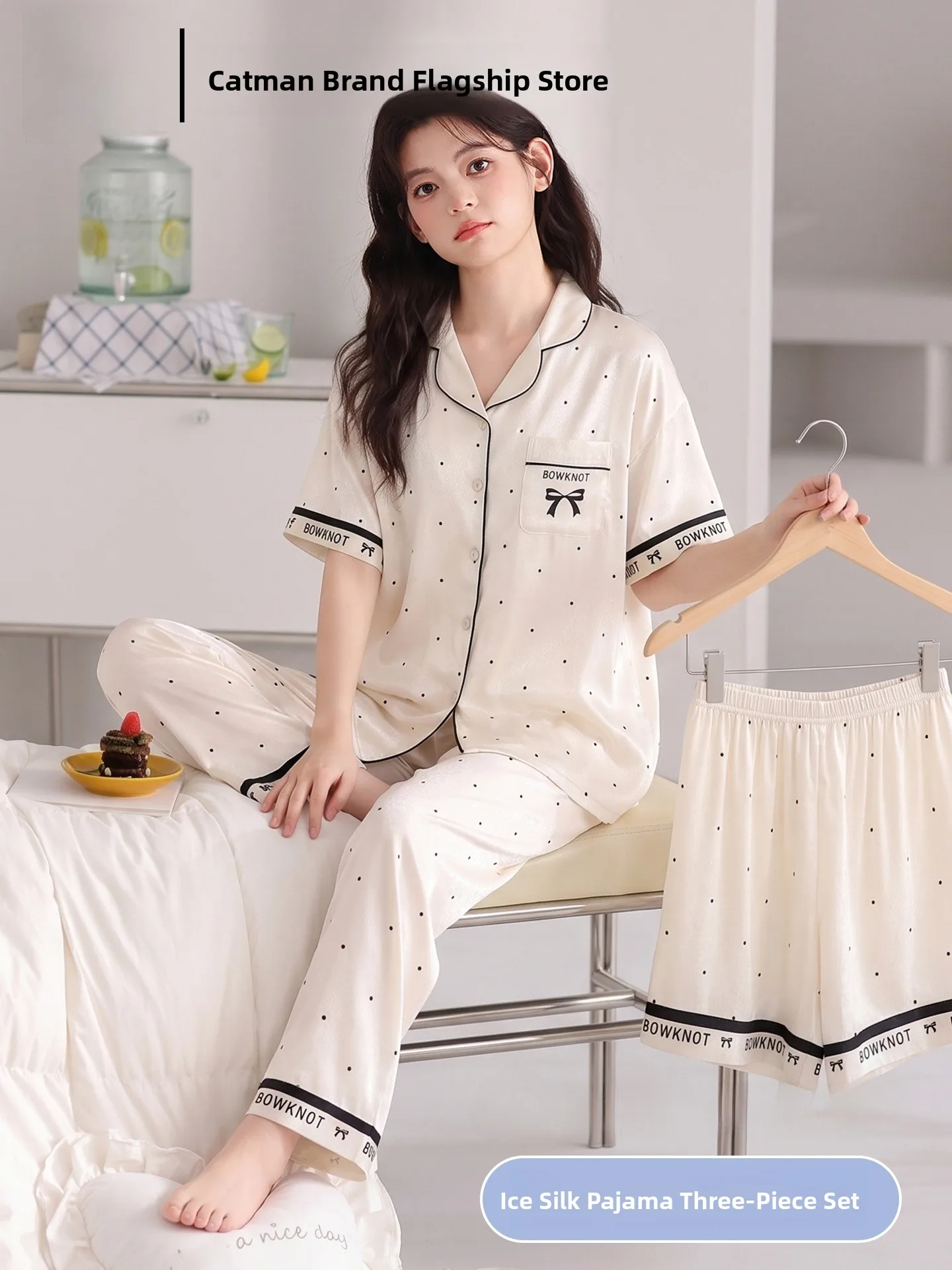woman-summer-new-ice-silk-sleepwear-short-sleeve-three-piece-set-polka-dot-cool-feeling-can-wear-outdoor-home-clothes-set
