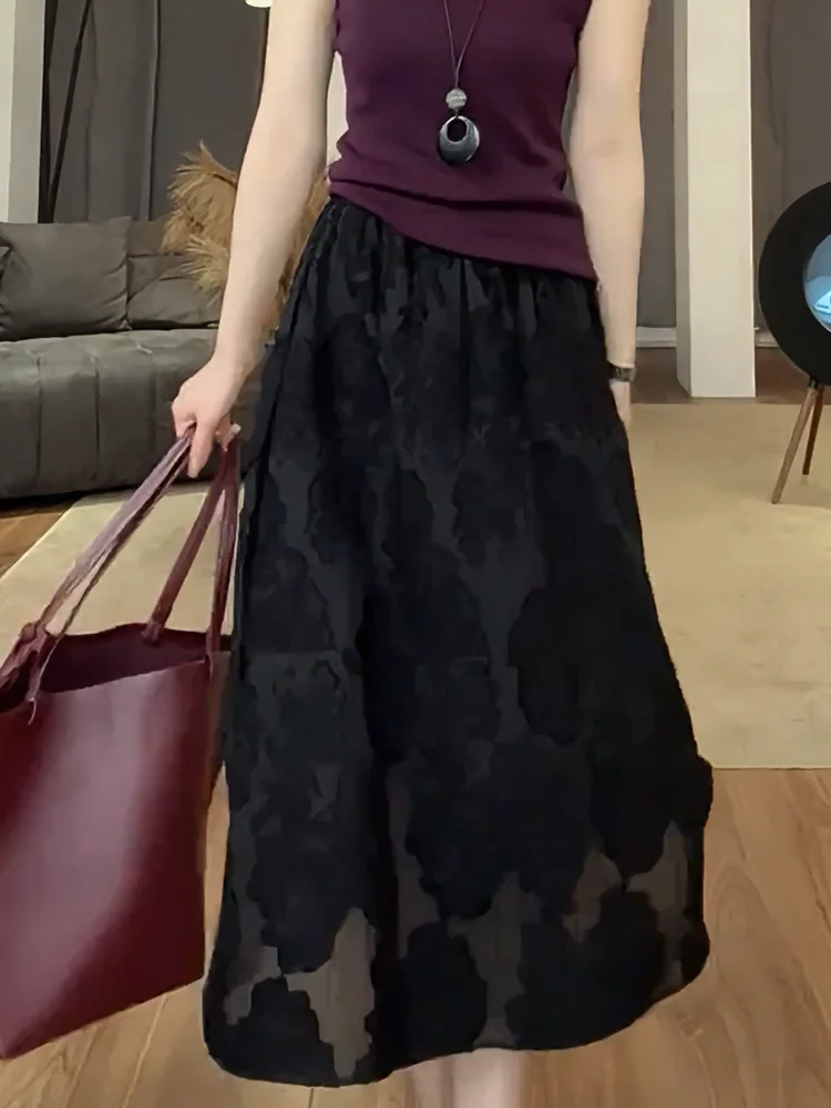 

Ele Bla Midi A-Line Skirt Versatile Hip Concealing Summer 2025 Faion Design Office Commute Korean Sle plus Size