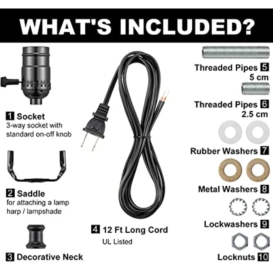 Lamp Rewire Kit, Lamp Wiring Kit with 12 Feet Lamp Cord Replacement, 3 Way Socket and Essential Hardware, Lamp Parts for Repair