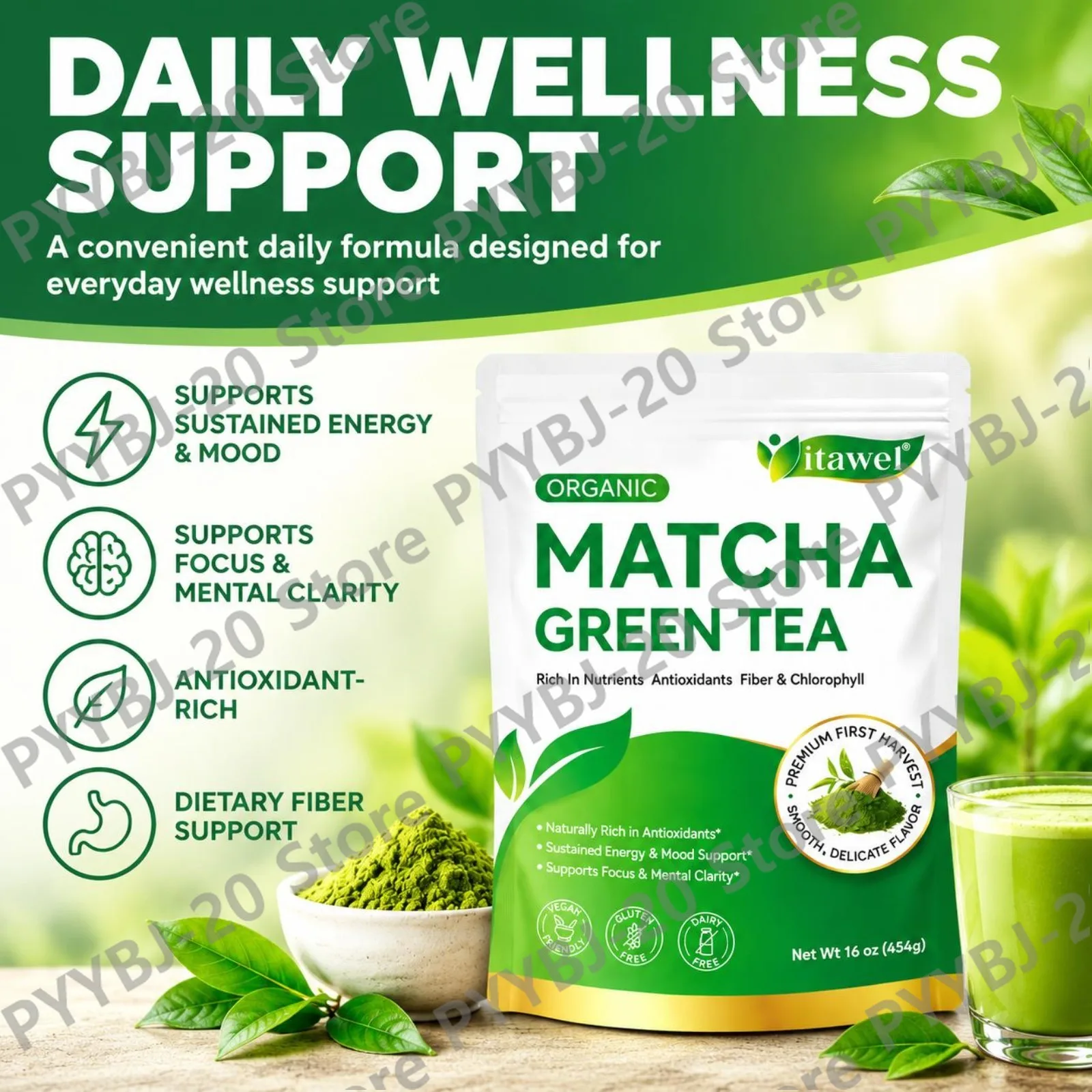 Itawel Organic Matcha Green Tea Powder Energy Support Mood Balance Mental Focus with Caffeine Natural Tea Formula 151 Servings