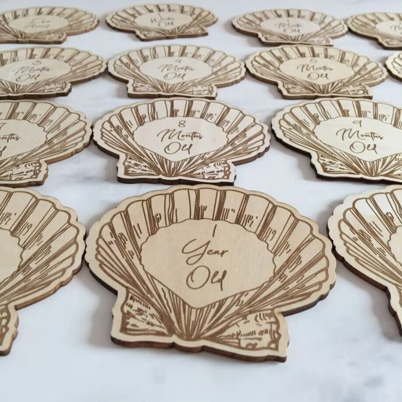 set of 15pcs Sea Shell Collection Birth Announcement LASER ENGRAVE Birth Month Wooden Baby Milestone Signs