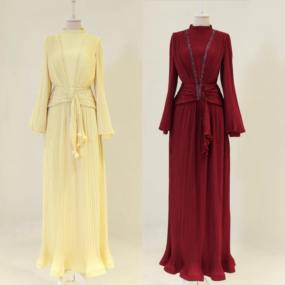 

Шифоновые плиссированные бисерные длинные платья трапециевидной формы с высоким воротником на заказ, женское вечернее платье на заказ, элегантное вечернее блестящее платье