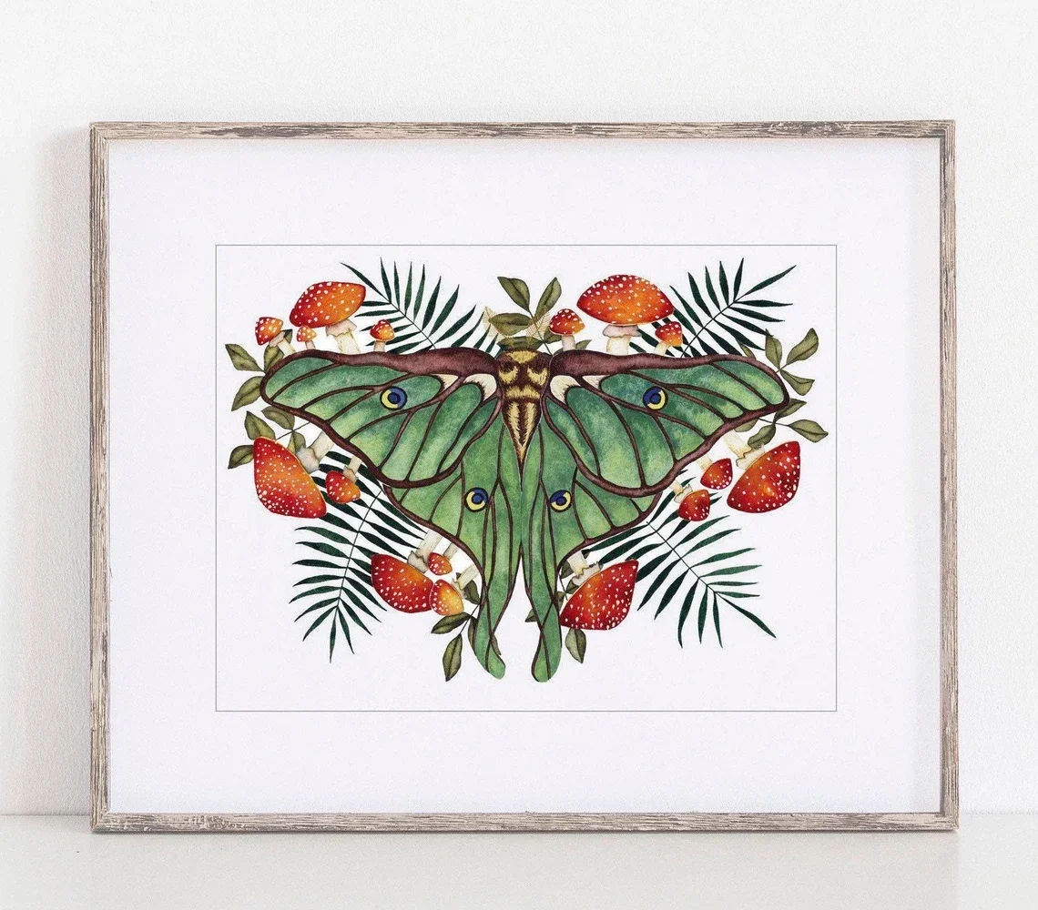 Impression d'art de champignon avec Luna Moth, décor CandaceFincher