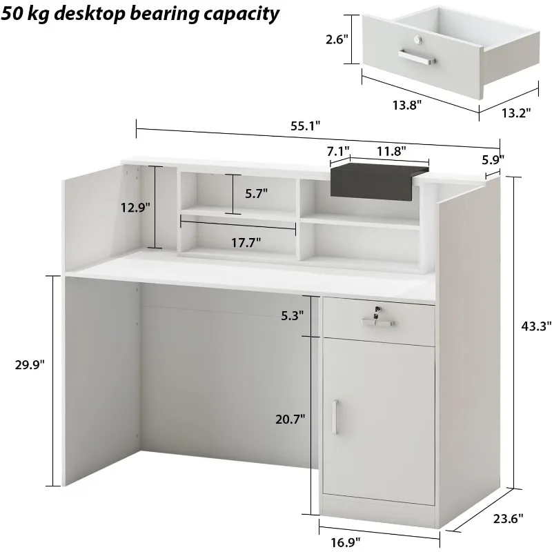 Reception Counter Desk with Adjustable Shelf & Lockable Drawers for Salon Reception Room Checkout Office