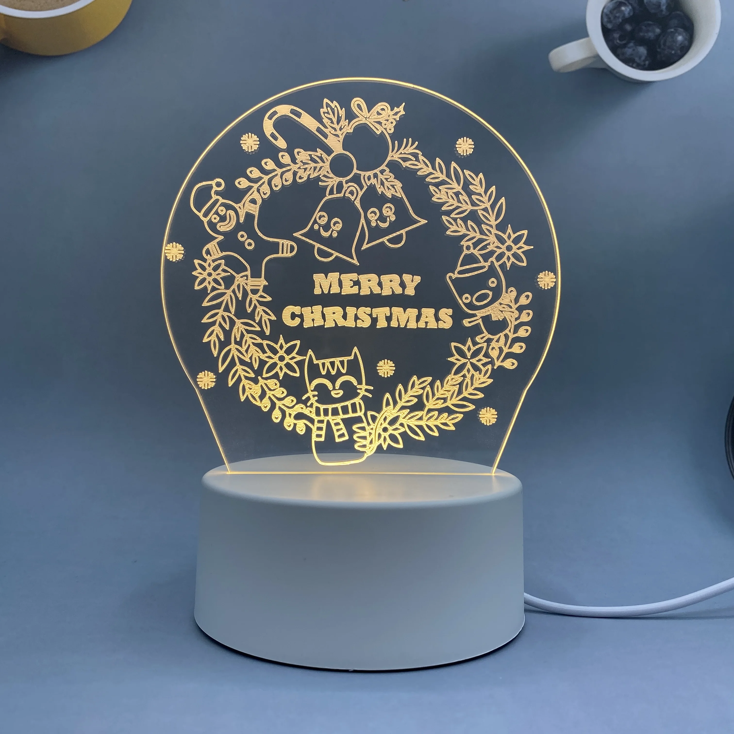 Tablero luminoso de luz nocturna acrílica, base de ABS, patrón de impresión personalizada, logotipo, árbol de Navidad, ciervo, regalo de Navidad